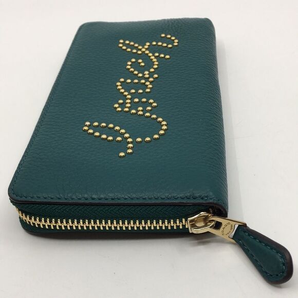 Coach Viridian Green Gold Studded Script Zip Around Wallet Accordion Zip Wallet - Picture 5 of 16